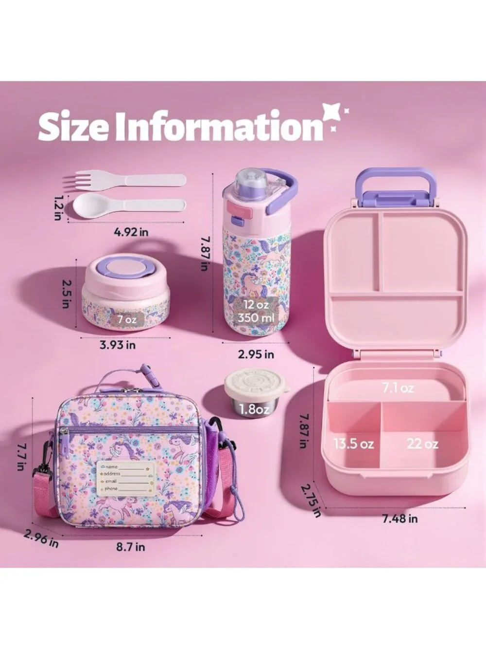 Insulated Kids Bento Lunch Box Set with Thermos, Water Bottle & Utensils - Pink